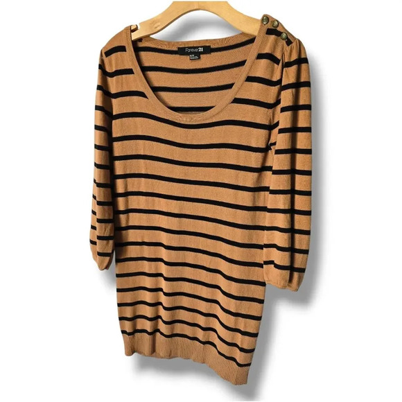 Forever 21 women's brown striped shoulder button detailing tunic sweater medium - Picture 6 of 8